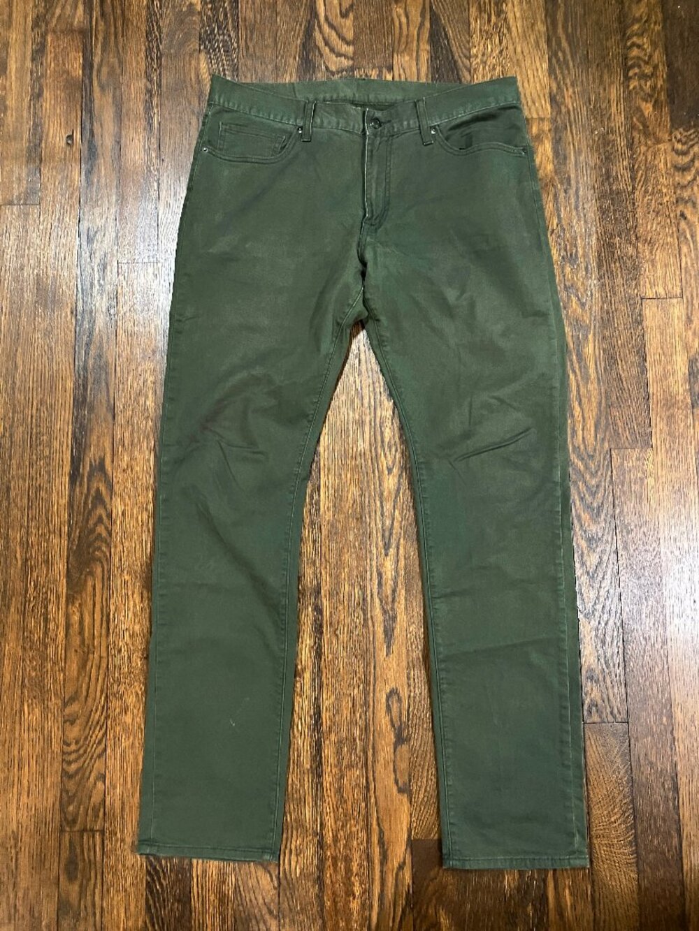 Uniqlo Men's olive green 5-pocket slim fit straight leg pants chinos sz 36 x 34